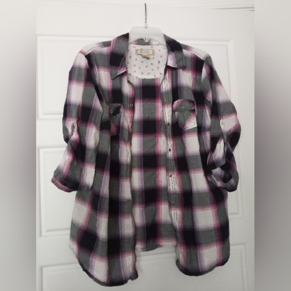 Arizona Jean company cotton plaid blouse plus size 1X black and pink print